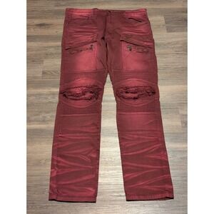 Smoke Rise Men Burgundy Cargo Moto Jeans Pants 38x32 Cotton Elastane Distressed